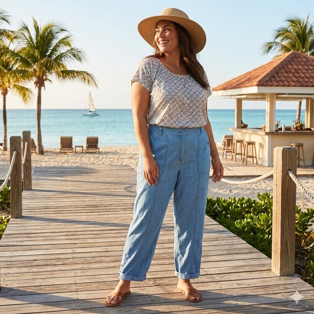 Talbots Womens Medium Blue Chambray Utility Pants Cotton Linen Button Tab